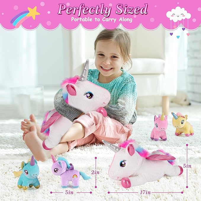 5 Pieces Unicorn Stuffed Animals - 1 Mommy Stuffed Unicorn with 4 Babies - Unicorns Gifts for Girls Ages 3 4 5 6 7 8, Unicorns Plush Toys for Christmas, Valentine's, Birthday Gifts (Pink)