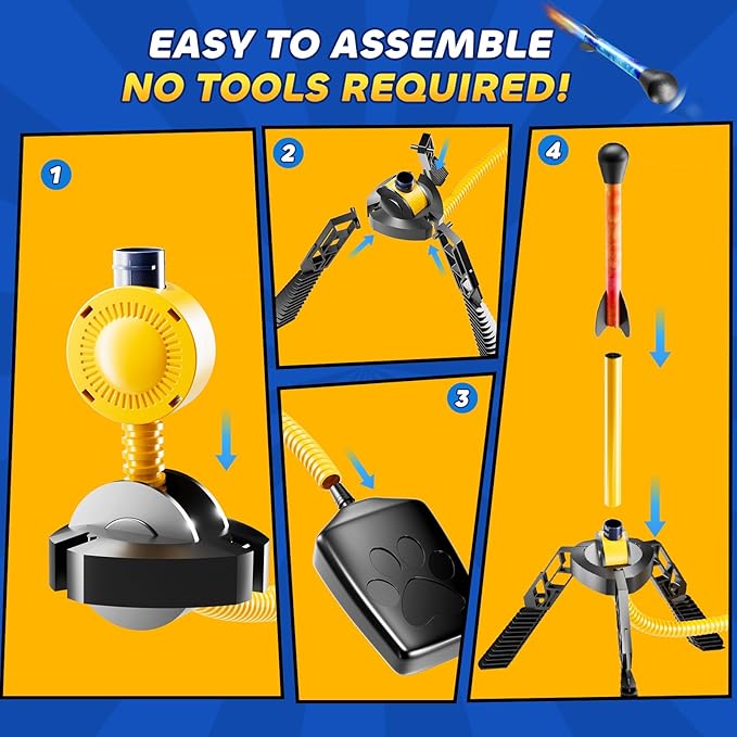 Rockets for Kids Age 4-8 with 4 LED Rockets and Launcher - Outdoor Toys for 4 5 6 7 8-12 Year Old Boy Birthday Gift, Air Powered Flying Toy Shooting Up to 100 Feet, Toys for Kids Ages 8-12