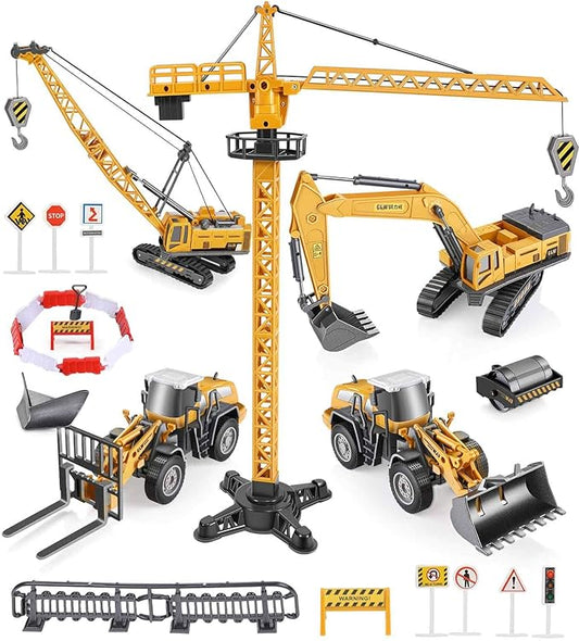 Geyiie Construction Truck Vehicles Toy with Metal Shovel Sand Toys, Large Construction Toys Crane, Interchangeable Excavator Snow Plow Forklift Tractor Toys Gifts