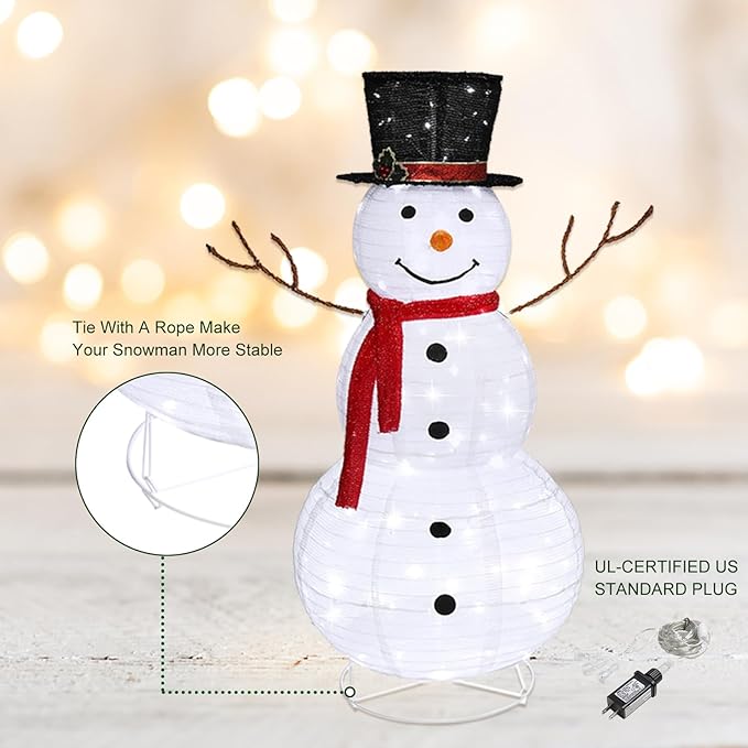 Outvita Outdoor Christmas Decorations 4ft Lighted Snowman, White Snowman with Twinkle Lights Red Scarf Black Hat, Foldable Snowman for Xmas Indoor and Outdoor Garden, Yard Decor