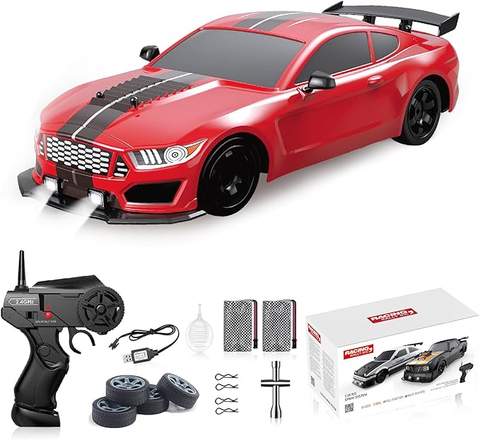 Remote Control Car RC Drift Car 1:16 Scale 4WD 18KM/H High Speed Model Vehicle 2.4GHz with LED Lights Spray Rubber Tire Racing Sport Toy for Adults Boys Girls Kids Gift 2Pcs Rechargeable Batteries