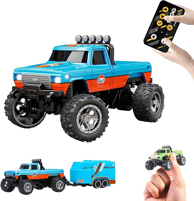 Mini Rc Truck, 1:64 Scale Monster Truck Remote Control Car with Lights, 2.4Ghz Remote Control, Speed/Steering Adjustable (Blue-A)
