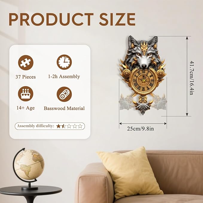 3D Puzzles for Adults Clock-Gray Wolf Design Model Kit-Mechanical DIY Pendulum Clock with Roman Numerals-Desk Home Office Decor Personalized Gift for DIY Lovers
