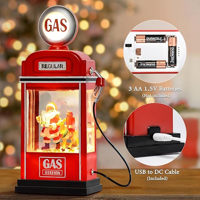 Christmas Snow Globe Lantern Santa in Gas Station with Music, Spinning Water lamp with 6H Timer, Christmas Decorations Festival Ornament for Kids