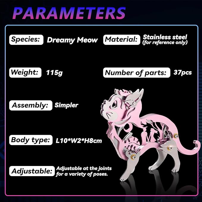 3D Metal Puzzles for Adults, Mechanical Metal Model Kits for Adults, Dream Cat Steel 3D Puzzle Stainless Steel Ornaments for Men Women Art Craft Gifts Toys(Pink).