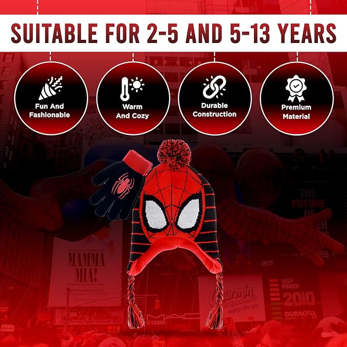 Marvel Spider-Man Kid’s Winter Hat and Snow Gloves for Boys and Toddlers, 2 Pc. Set, Pom-Pom Beanie with Warm Mittens