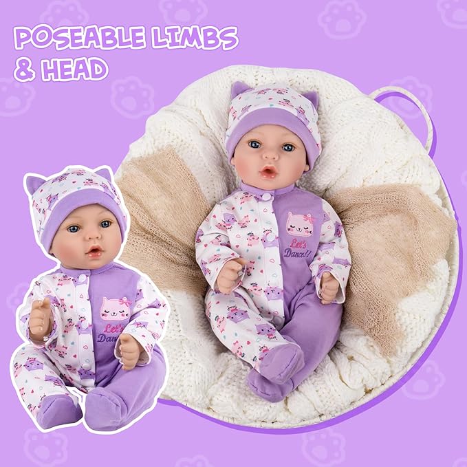 Aori Lifelike Reborn Baby Dolls Girl - Realistic 18-Inch Newborn Baby Doll, Nice Gift Set for Kids, Parents-to-be, Grandparents, Purple Clothes