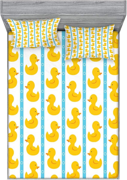 Ambesonne Rubber Duck Fitted Sheet & Pillow Sham Set, Duckies on Stripes and Small Circles Play Toys Pattern Print, Decorative Printed 2 Piece Bedding Decor Set, King, Blue Yellow