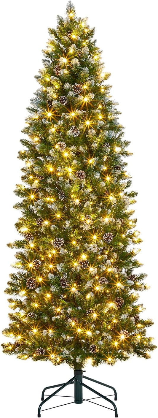 GAOMON Slim Artificial Christmas Tree, 6ft Pre-lit with 400 Warm White Lights, Pre-Decorated 60 Pine Cones & 700 Flocked Tips, for Home Office Party Decor (Xmas, New Years) Includes Metal Stand