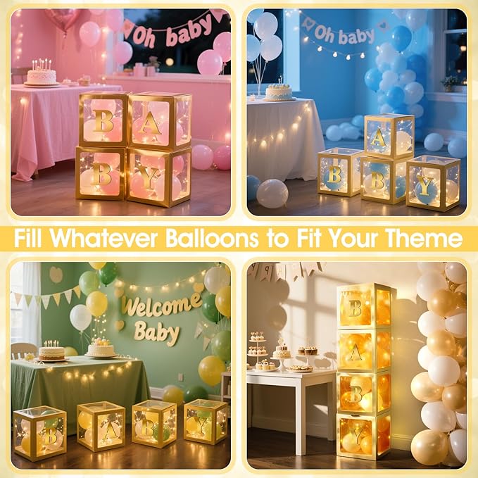Ledido Baby Boxes with Letters for Baby Shower Decorations, 4 pcs Clear Balloon Boxes Blocks Decor with LED Fairy String Lights for Boy Girl Gender Reveal Decorations Backdrop Party (Gold)