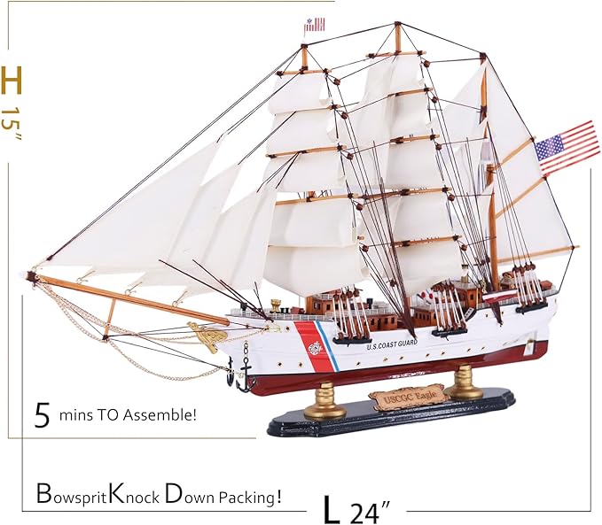 24" U.S. Coast Guard Eagle Ship Model, Highly Detailed Wooden Replica Sailboat Decor, Sailing Ship Gift for Father's Day, Sailboat Decor