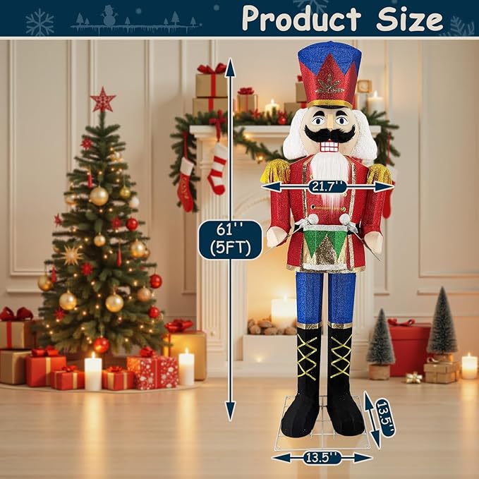 5FT Outdoor Christmas Lighted 3D Nutcracker with Drum,100 LEDs Lighted-up,Outdoor Lighted Holiday Displays with Stakes & Zip Ties for All-Weather Christmas Yard Decoration, Porch, Lawn