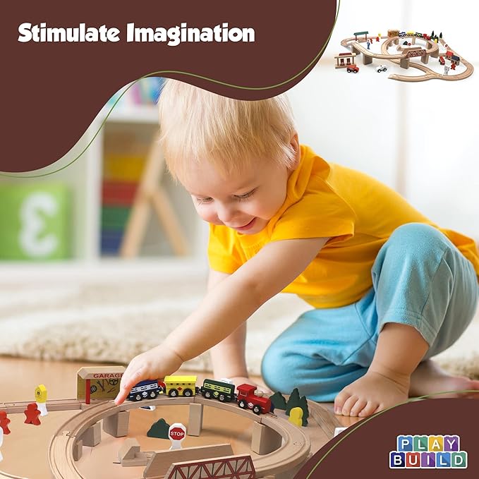Wooden Train Set, Complete Toddler Train Set, Interactive Play & Learn Set, Creative Wooden Train Track Design, Premium Quality, Ages 3+ (80 Piece Set)