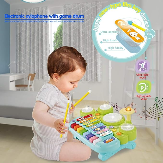 Fisca 3 in 1 Musical Instruments Toys, Electronic Piano Keyboard Xylophone Drum Set - Learning Toys with Lights for Baby & Toddler 1 2 3 Year Old Boys and Girls