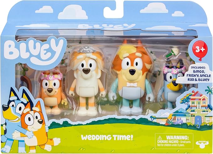 Bluey Figure 4-Pack Wedding Time, Re-Enact Uncle Rad and Frisky's Wedding Day and Bingo Flower Girl Figures