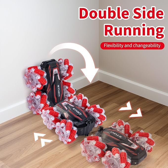 RC Stunt Car, Double-Sided 360° Flips, 4WD 2.4 GHz Gesture Sensing RC Cars with Cool Lights and Music, for Boys Aged 6-12, Great Birthday Presents, Toy Cars (Red)