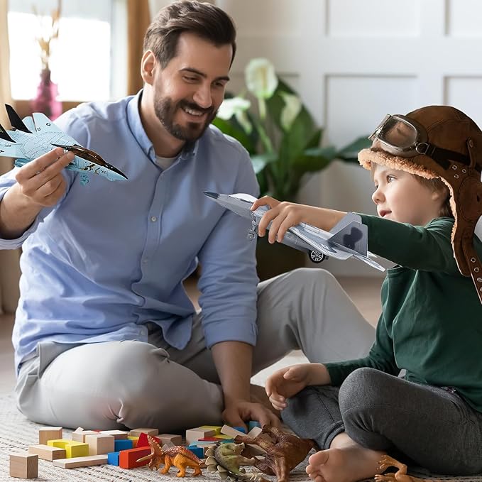 Double Fighter Jet Toy, F14 & F22 Diecast Planes with Lights & Sounds, Pull Back Military Aircraft Gift for Kids, Boys