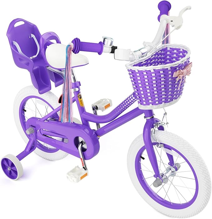 KORIMEFA Girls Bikes Ages 2-4 4-6 6-8 with Training Wheels 12 14 16 Inch, Little Small Kids Princess Toddler Bicycle with Streamers, Pedal Bike with Basket and Doll Seat, Coaster Brake, Birthday Gift
