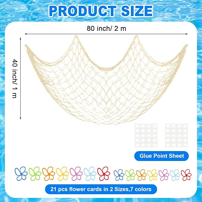 35 Pcs Sponge Party Decorations Include Blue Tinsel Foil Fringe Curtain Backdrop, 80 x 40 Inch Fish Net Decor, Flowers Bubble Wall Decals Photo Props for Pool Sea Birthday Party Supplies