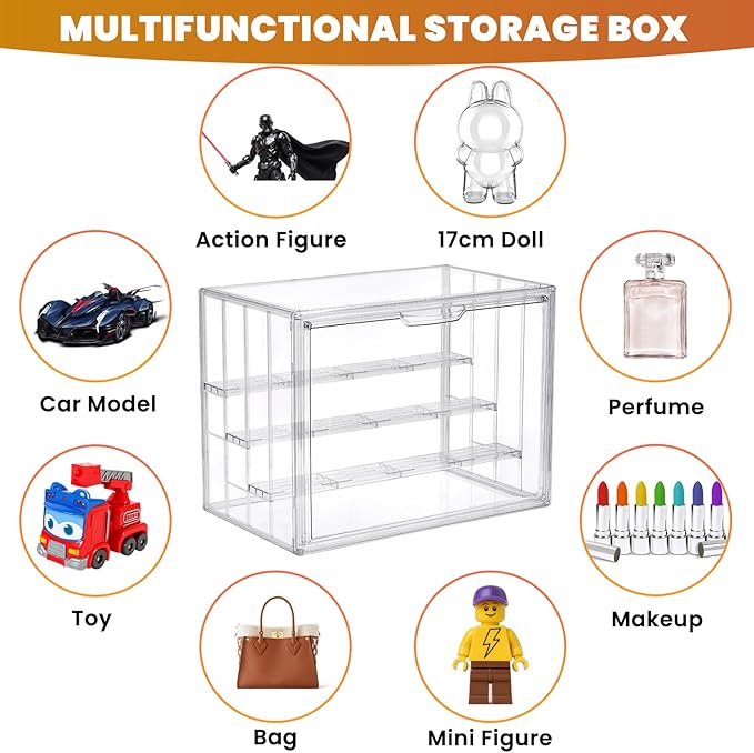 4 Tier Acrylic Display Case for Collectibles, Clear Adjustable Figure Display Case with Magnetic Door, Stackable Storage Box Showcase with 3 Shelves for Action Figures,Dolls,Toys, Large 1 Pack