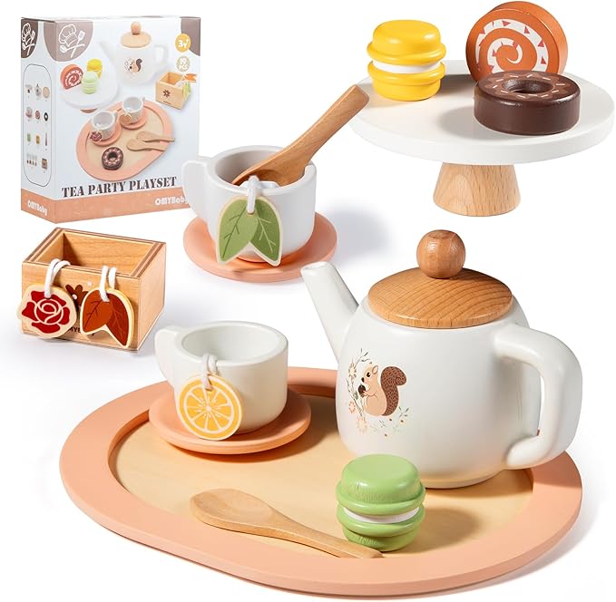 OMYBaby Wooden Tea Set for Little Girls, 19pcs Party Playset With Teapot, Cups, Dessert Stand, Macaroons, Cakes & Tray, Time Playset Pretend Play Kitchen Toys Gift for Girls & Toddlers 3Y+