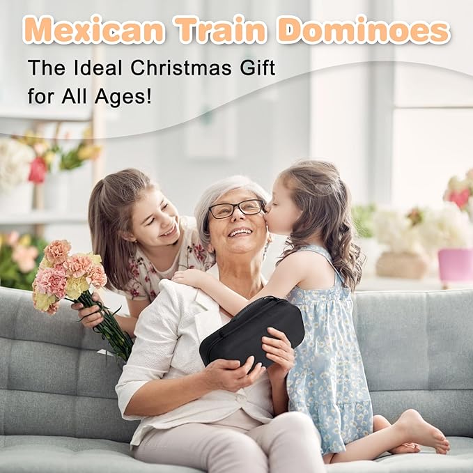 Mexican Train Double 12 Dominoes Set - 91 Tiles with 4 Wooden Trays & Travel Case, Family Board Game for Adults Kids Party Travel