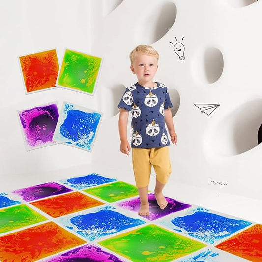 Sensory Liquid Floor Tiles for Kids, Decorative Tiles for Autism, Early Learning Toys, Activity Play Mats with Anti-Slip Backing, Multi-Color Set of 4 Pack 12" x 12"
