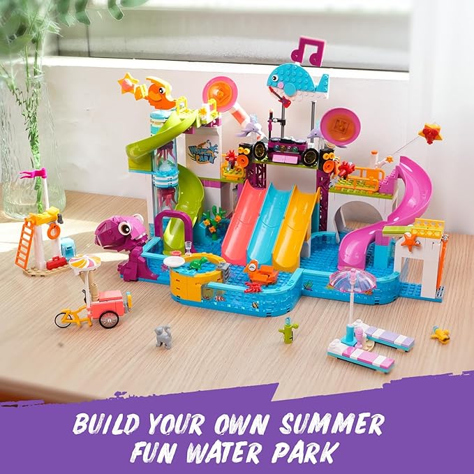 HOGOKIDS Friends Water Park Building Set, 911PCS Summer Fun Party Toy with 5 Water Slides, Creative Swimming Pool Block with Diving Platform & Bike Cart, Pretend Play Gift for Girls Boys Kid Age 8-12+