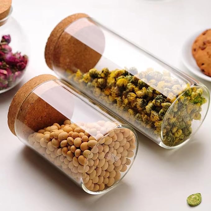 Airtight Glass Storage Containers with cork Lid, for Kitchen Pantry Organization and Storage jar，Ideal for Coffee Beans Snacks Flour Cereal Sugar Tea 21oz. (Circular 4.7 * 3.3in*2pcs)