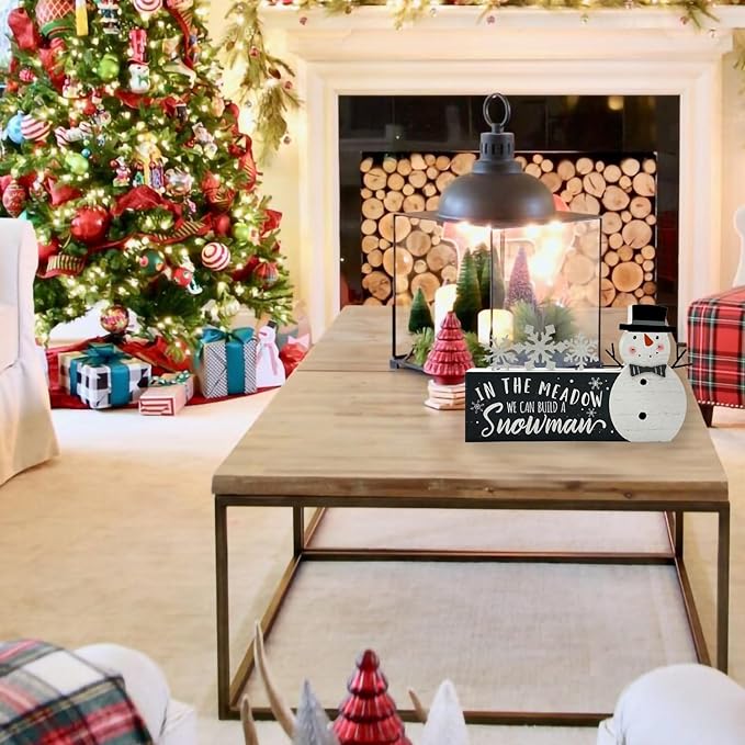 Christmas Decorations for Home Snowman Snowflake Block Farmhouse Merry Christmas Sign Wooden Rustic Tabletop Xmas Party Holiday Décor for Living Room, Dining Table