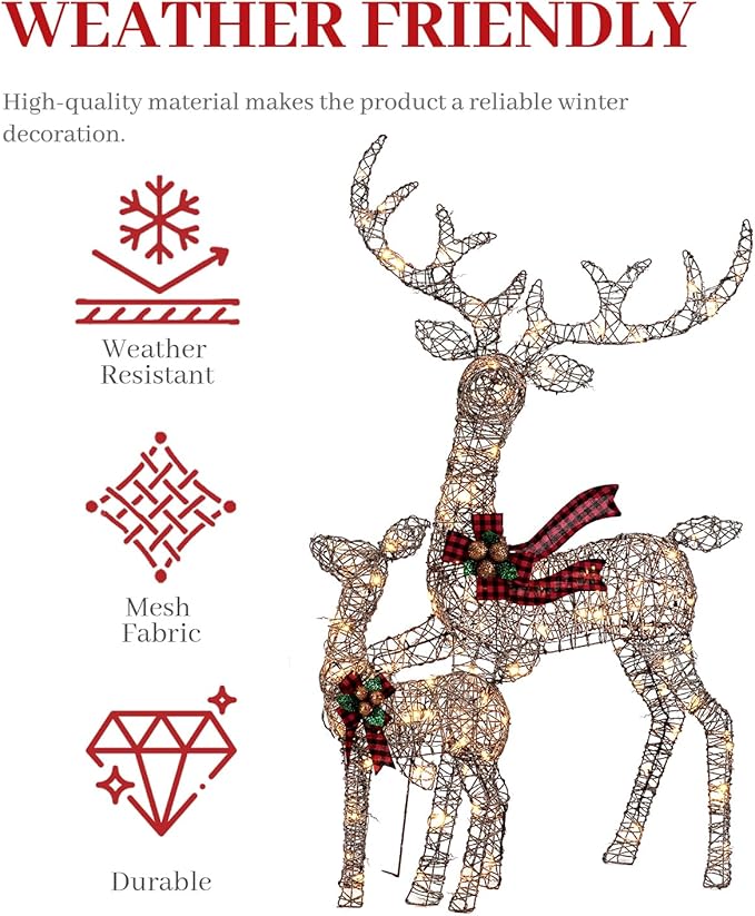 3-Piece 3D Christmas Deer Family Set, Lighted Christmas Decoration with 225 LED Lights, Christmas Decor Reindeer for Indoor Outdoor Yard Porch, Rattan