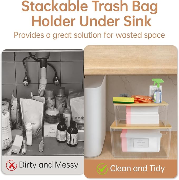 2 Pack Trash Bag Holder Under Sink Stackable, Plastic Garbage Dispenser with Lid, Trash Bag Storage Dispenser Roll Holder for Kitchen, Pantry, Laundry Room Organization