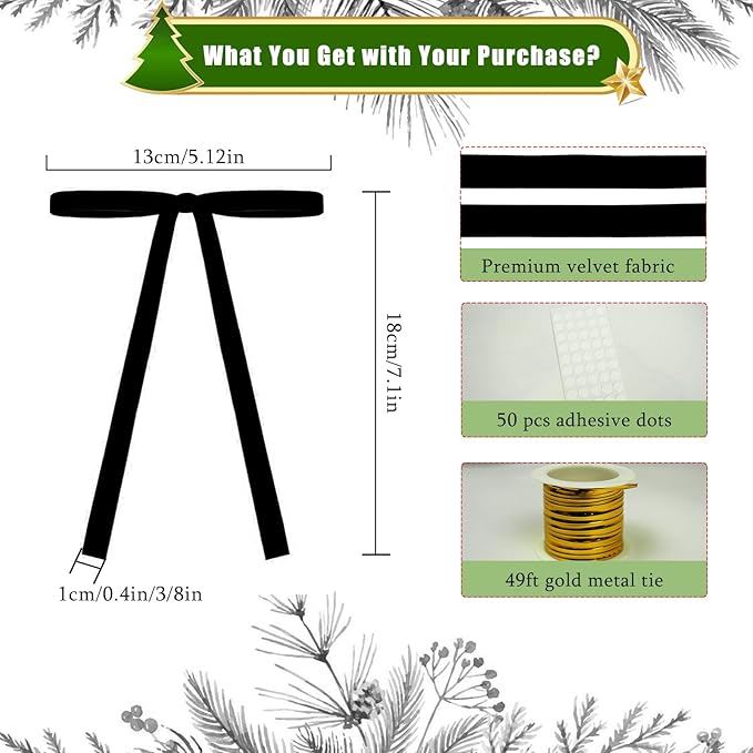 24Pcs Velvet Ribbon 5 x 7 Inch Christmas Ribbon 3/8 Inch Wide Christmas Bows Vintage Velvet Bows for Christmas Tree Black Bows for Christmas Tree Decorations