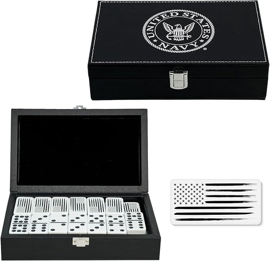 US Navy Double Nine Dominoes Set in Leather Box for Families and Kids Ages 8 and up - Play Chicken Foot, Mexican Train - Veteran Owned Business