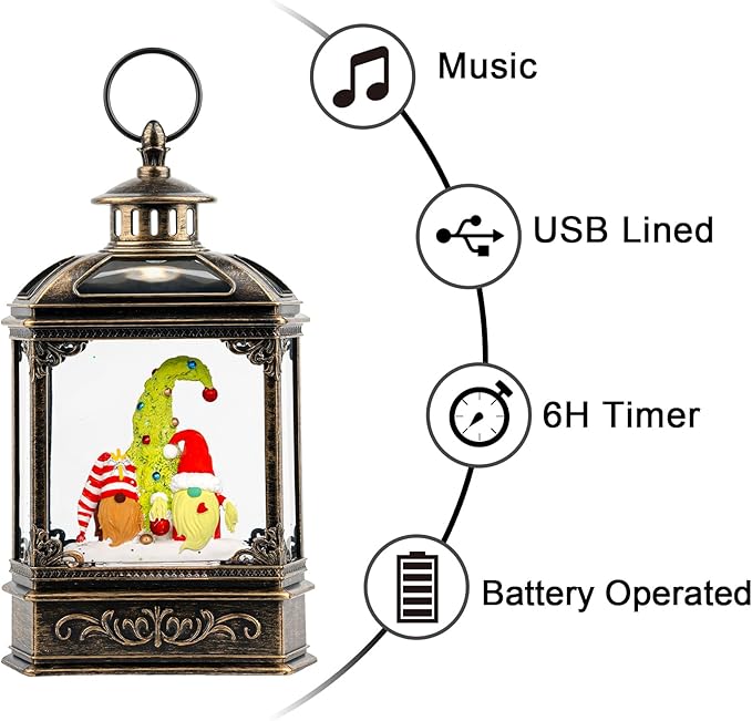 Musical Snow Globe Lantern Lighted Whimsical Christmas Tree & Gnomes Santa Elf Snow Water Lantern with Swirling Glittering Home Decoration and Gift, Battery Operated or USB Powered