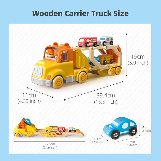 Toddler Car Toys for 2 3 4 5 Years Old Kids, Transport Carrier Truck Toy with 4 Wooden Vehicle, 24IN Foldable Track Trailer with Light & Sound Effects, Best Gift Choice for Christmas, Birthday