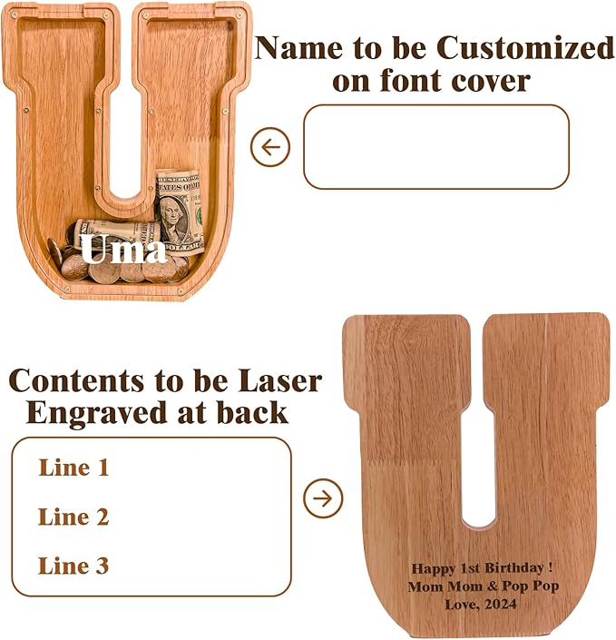 Personalized Wooden Letter Piggy Bank for Kids Larger Letter Piggy Bank for Boys and Girls Initial Coin Bank Customized Piggy Bank Perfect Wood Kids Money Bank for Birthday and Festival