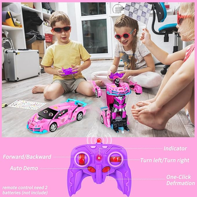 Rc Car, Remote Control Car Toys for Girls Birthday Gifts, 1:18 Pink Transform Robot Toy Cars with 360° Rotating Led Lights & One Button Deformation Transform Toys for Kids 3 4 5 6 7 8+
