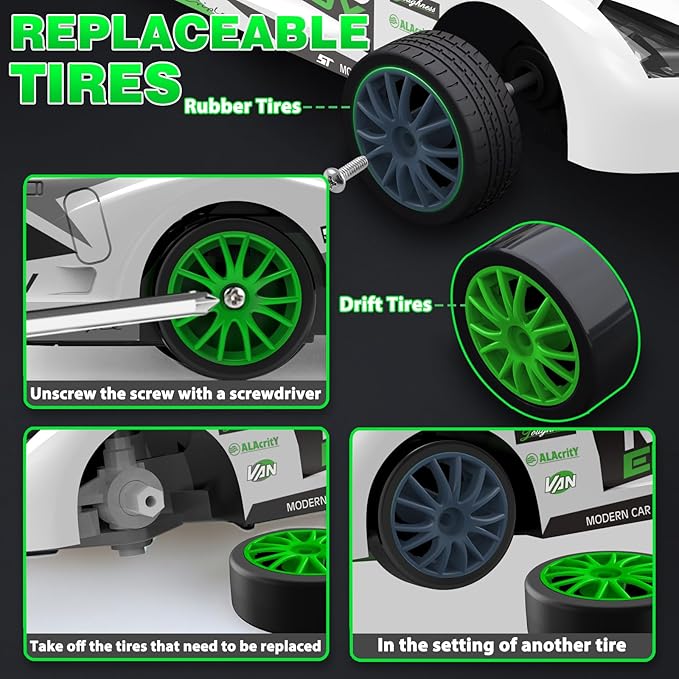 Remote Control Car RC Drift Car 2.4GHz 1:24 Scale 4WD 15KM/H High Speed, Rechargeable High Speed RC Cars with Cool Lights, Two Batteries and Extra Tires Toys for Kids