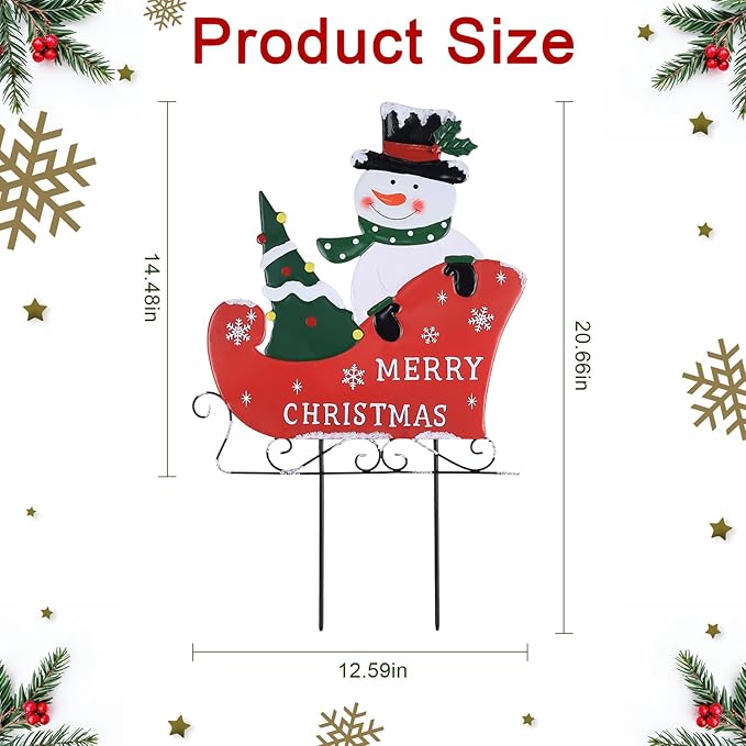 YEAHOME Outdoor Christmas Decorations, Metal Snowman with Sleigh Decorative Garden Stakes for Outdoor Yard, Merry Christmas Signs for Outside Porch Lawn Pathway Xmas Decor