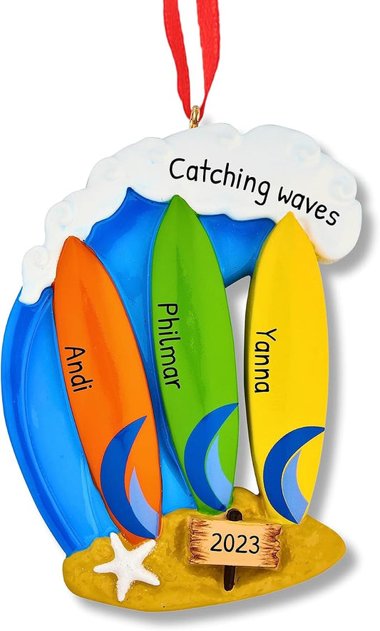 Ornaments by Elves - Personalized Surf Family Three Surfboards Christmas Ornaments 2025 - Beach Kids Decorations Paddle Board Surfer Surfing Hawaiian Theme Customized Giftable Packaging
