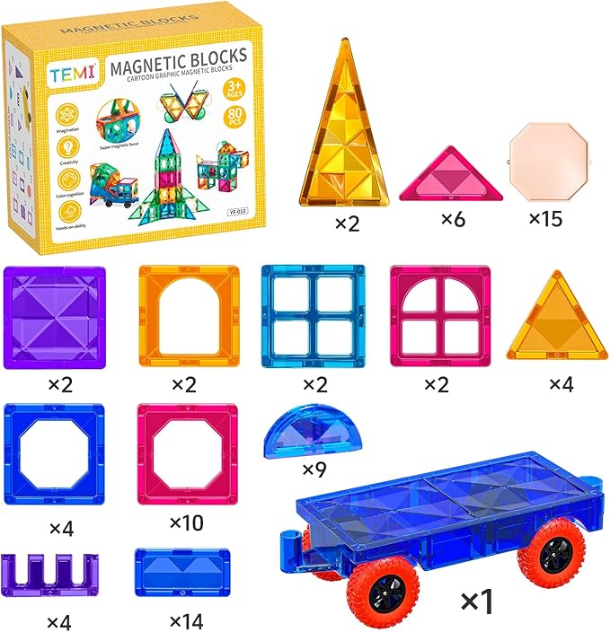 TEMI Magnet Tiles, 80 PCS Magnetism Building Toy Set, Learning and Education Toys for Ages 3 4 5 6 7 8+ Year Old Toddler Kids Boys and Girls
