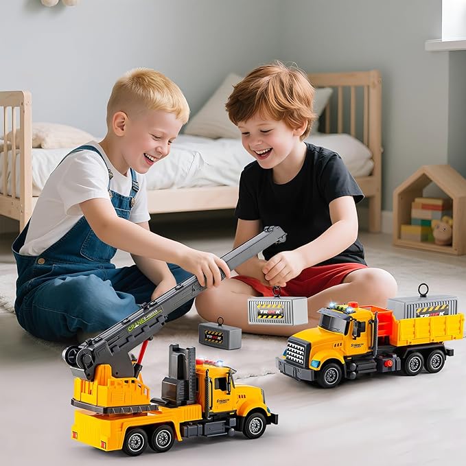 2Pcs Large-Size Construction Engineering Truck Toy Set,Lifting Arm Crane & Lifting Transport Truck Construction Toys,for 3 4 5 6 7 Year old Boys Kids Toddlers Birthday Christmas Gift