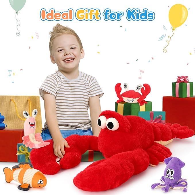 Muiteiur Soft 5 Piece Weighted Stuffed Animals, Lobster Plush Set Includes Mom Lobster,Shrimp,Crab,Octopus,Fish, Giant Crayfish Stuffed Animal with Weighted Claws (0.22 lb), Great Gift for Kids