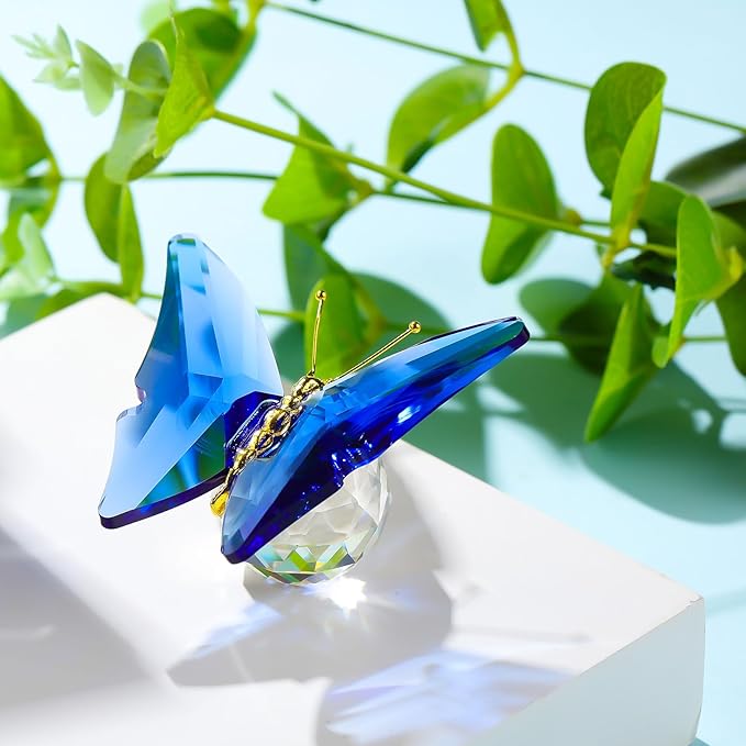 Movdyka Crystal Butterfly for Mom Women Metal Butterfly Room Decor Collection Figurine Blue Glass Butterfly Craft Desk Office Decorations Table Centerpieces