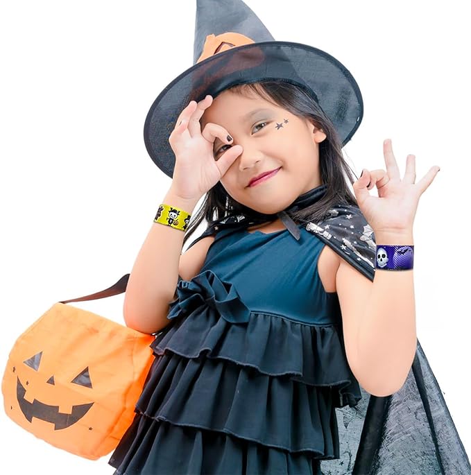 48 Pcs Halloween Slap Bracelets, 12 Styles for Halloween Party Favors, Assorted Bulk Pumpkin Zombie Witches Snap Bracelet Wristbands for Kids Halloween Party Gift Bag Filler Supply