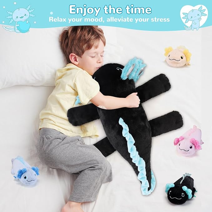 5 Pieces Axolotl Stuffed Animals with Babies Inside Belly - 1 Mommy Stuffed Axolotl with 4 Babies - Black Axolotls Plush Toy for Kid Age 3-8, Gift Ideal for Christmas, Valentine's, Birthday