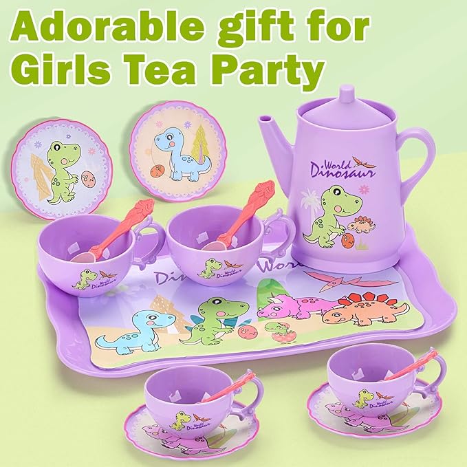 Dinosaurs Tea Party Set for Little Girls, Pretend Plastic Teapot Set, Princess Tea Time Play Kitchen Toy with Dessert, Carrying Case for Birthday Easter Gifts Kids Toddlers Age 3 4 5 6