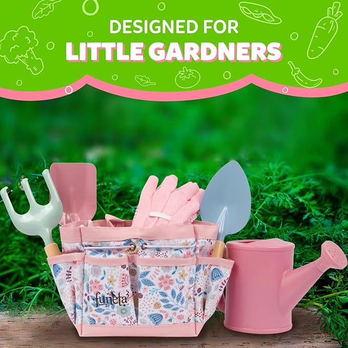 Floral Kids Gardening Set - Toddler Garden Tools, No-Leak Watering Can & Quality Tote Bag - Safe Metal Tools for Kids