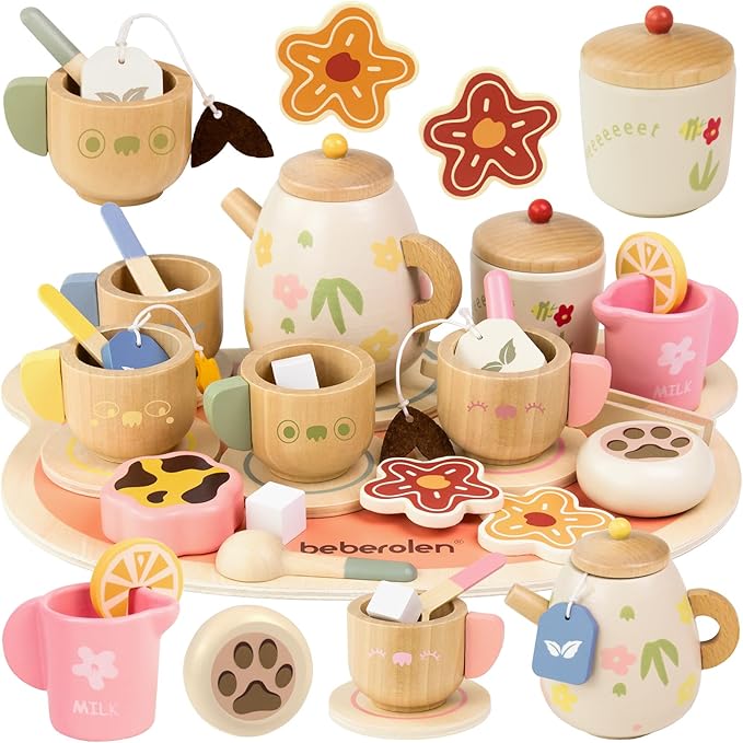 Tea Party Set for Toddlers 3-5 Girls Boy Birthday Gift Pretend Play Food Wooden Picnic Outdoor Toys Kids Age 2 3 4 5 6 Educational Wood Toy